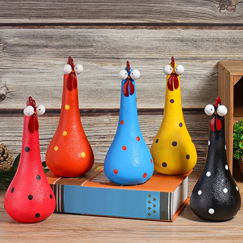 Quirky Big-eyed Chicken Figurine Colorful Polka Dot Resin Statue Long
