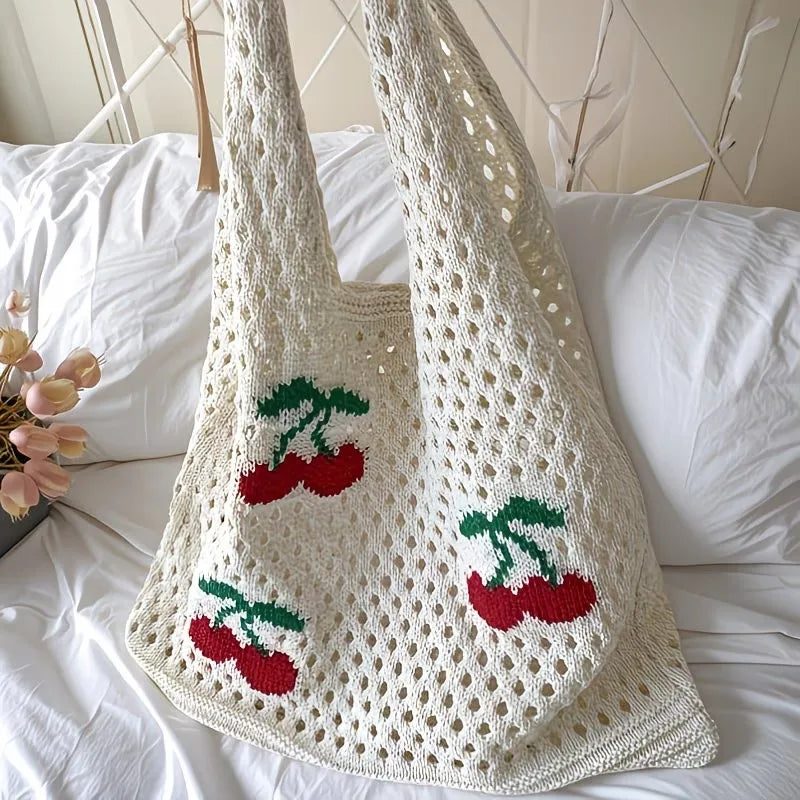 Women Stylish Turtle Cherry Pattern Crochet Tote Bag Large Capacity