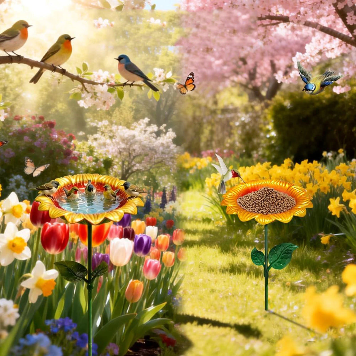 Sunflower Metal Bird Bath & Feeder Garden Stake | Outdoor Decor Garden Bird Bath Stake Vue