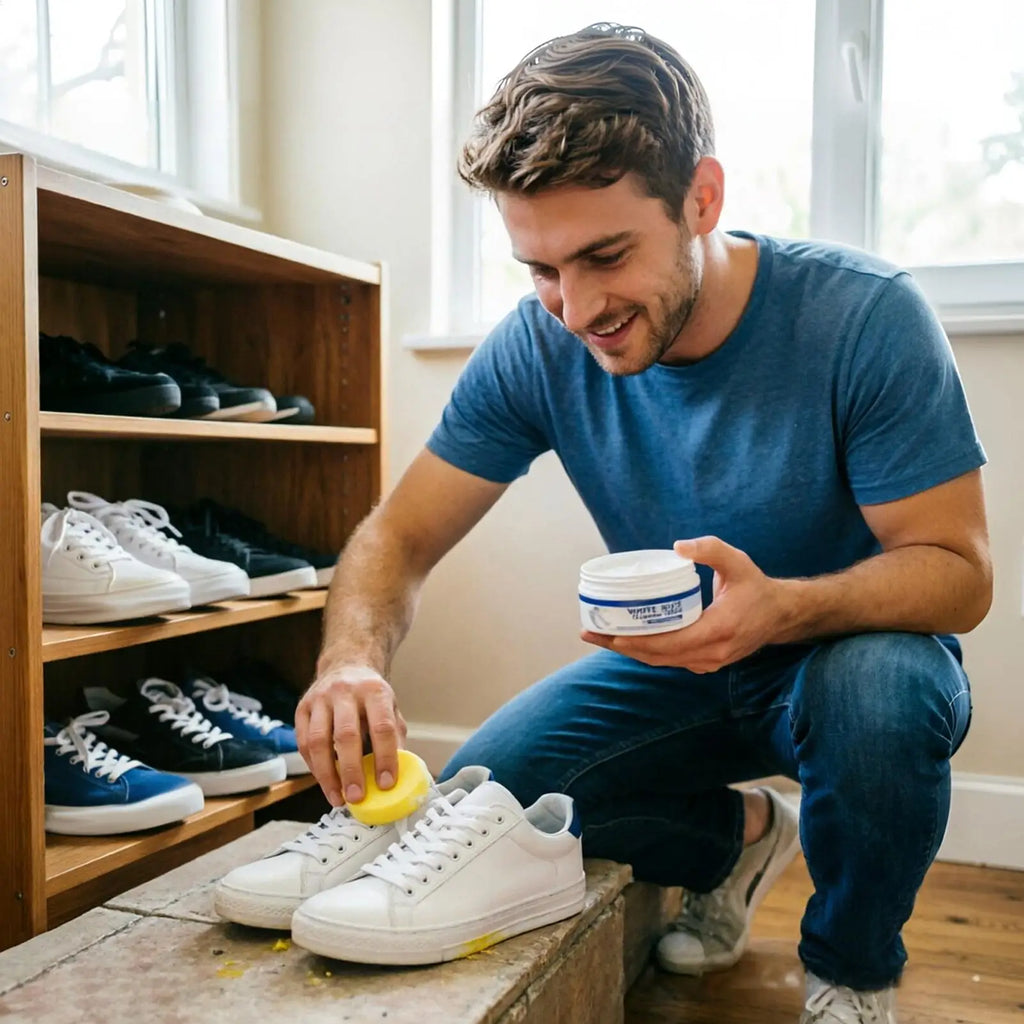 100g White Shoe Cleaner Cream with Sponge, No-Wash Multipurpose Sneaker Whitening Polish, Stain Remover for Leather Canvas Shoes Vue