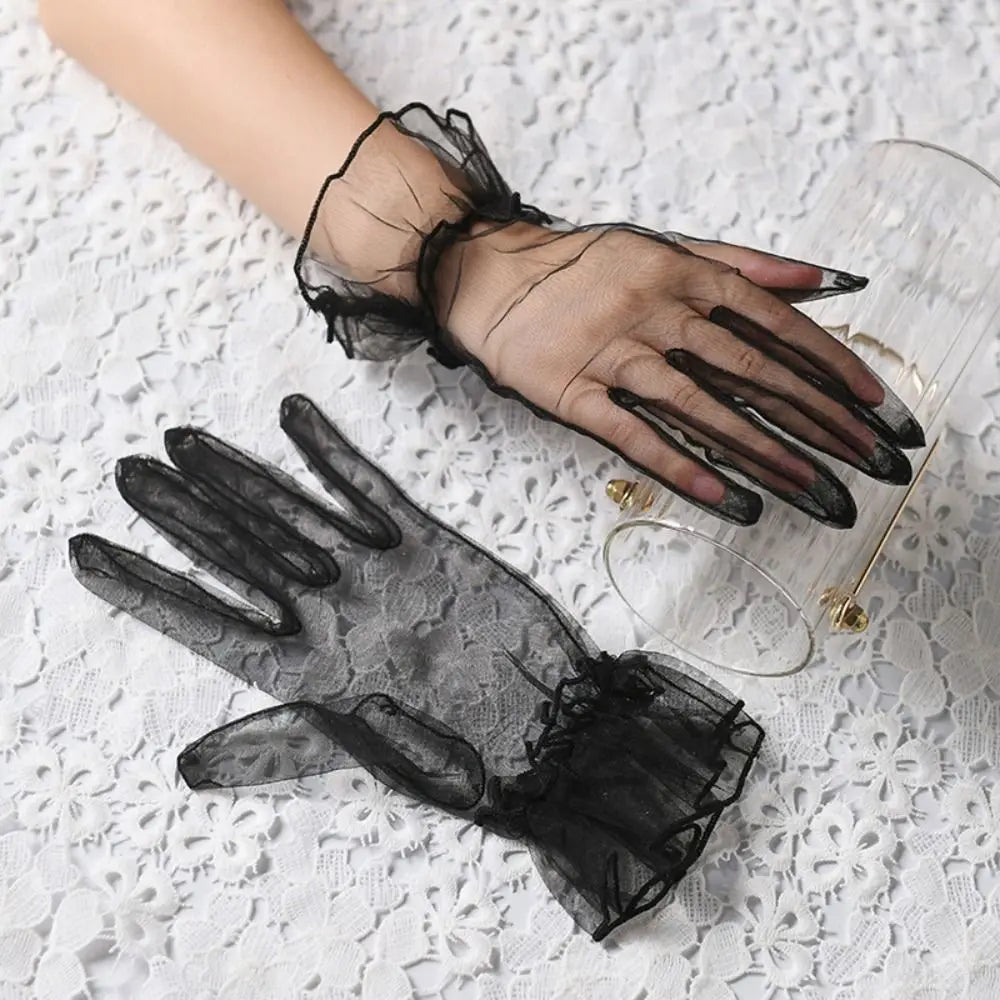 Elastic Transparent Women Tulle Gloves Ultra Thin Short Gauze Lace Vue