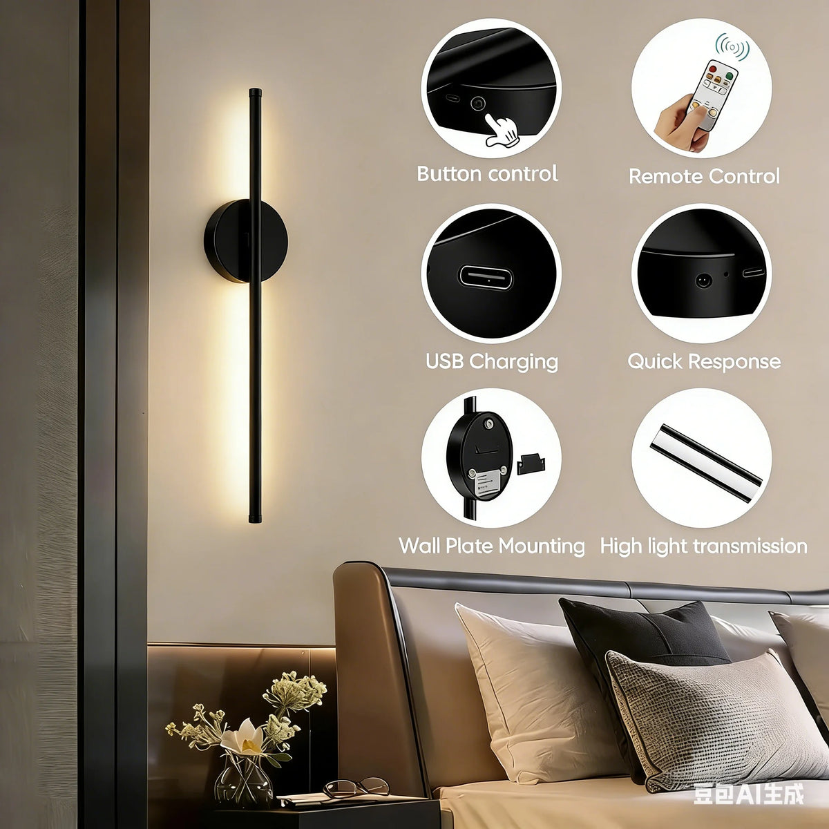 Wireless LED Wall Sconce USB Rechargeable Battery Operated Wall Light with Remote Control for Bedroom Living Room Vue Dimming 50cm Blakc