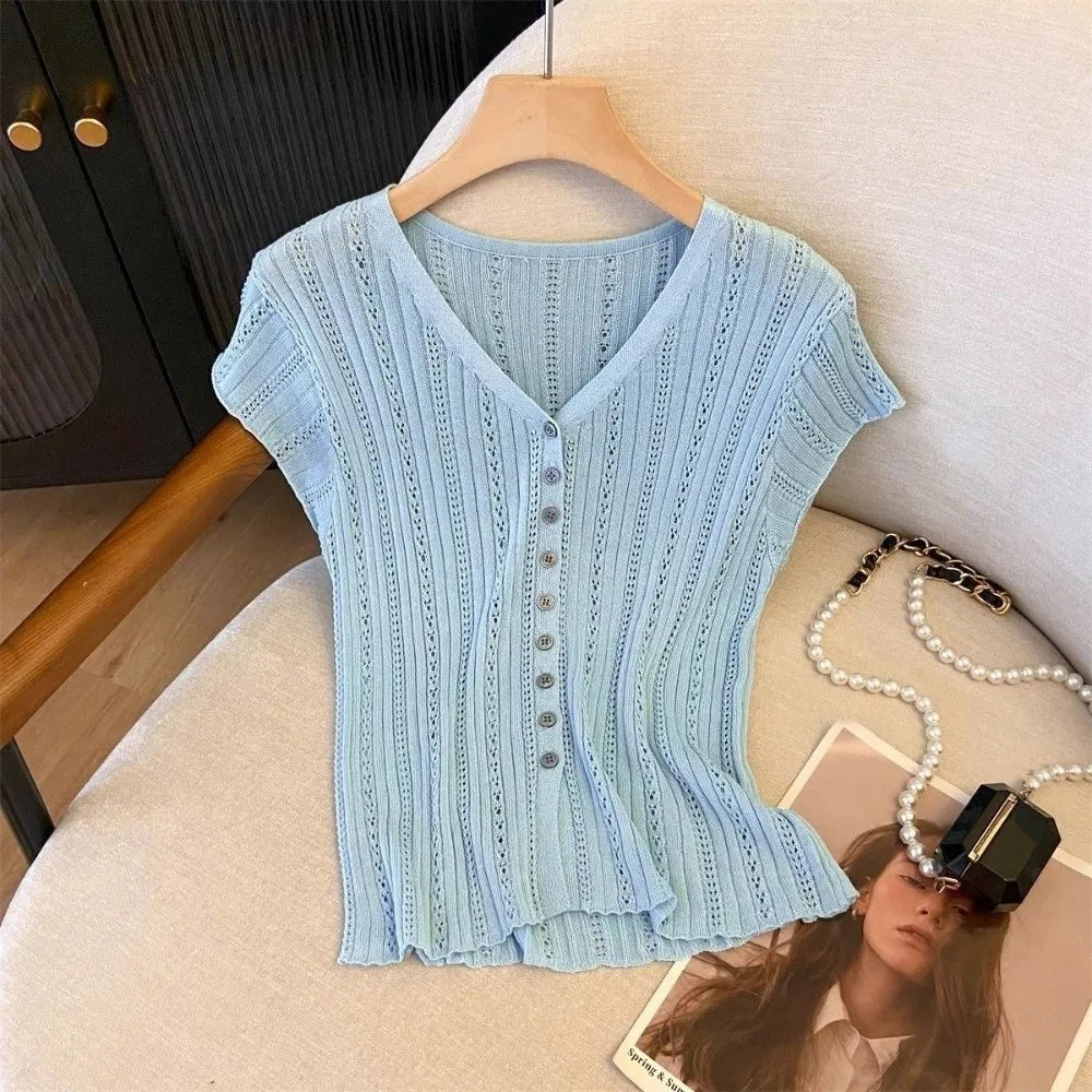 Fashion Solid Ice Silk Knitted Cardigan V-neck Hollow Short Sleeves Vue Blue One Size