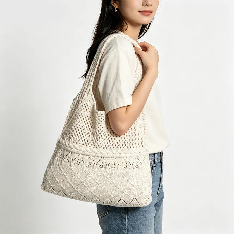 Solid Knitted Bag Hollow Woven Embroidered Shoulder Soft Handbags