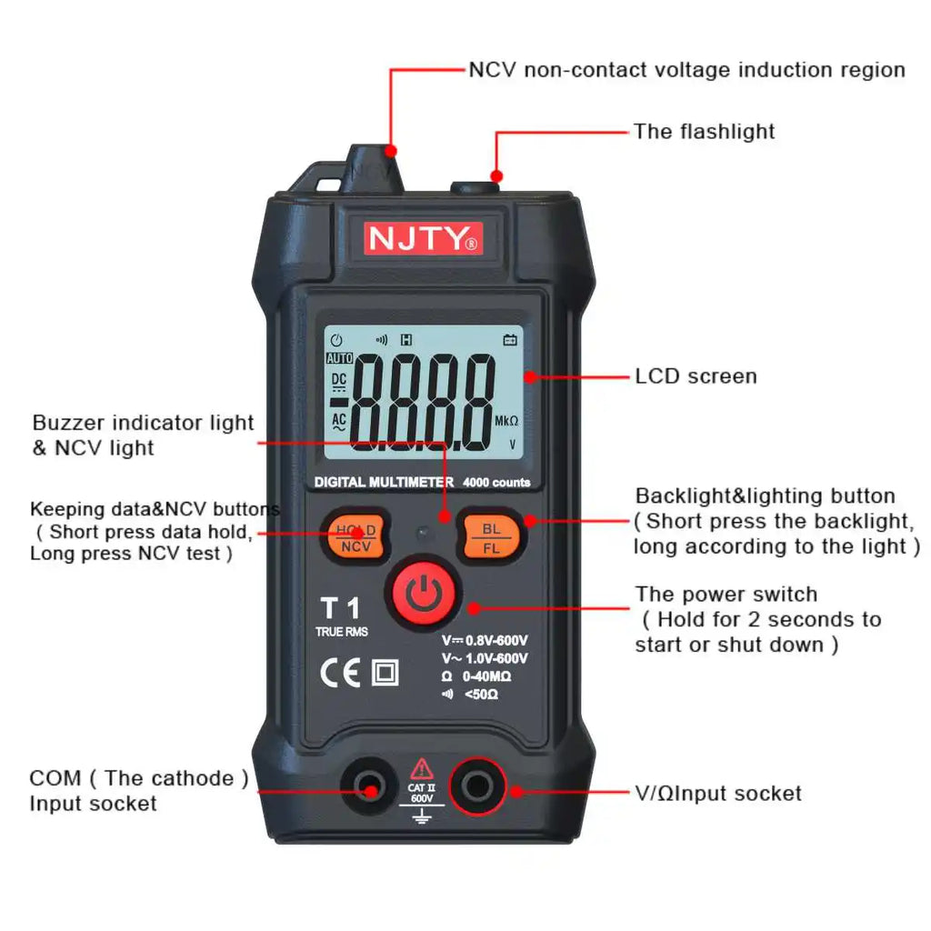 Smart Mini Digital Multimeter Tester RMS 4000 Counts Voltmeter Automatic Range Test Voltage Continuity Resistance NCV Household Vue