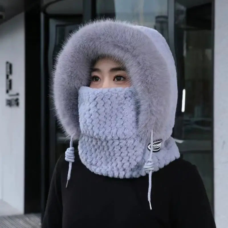 Warm Plush Winter Hat for Women Thick Hood Ear Protection Scarf and Mask Integrated Design Windproof for Riding Outdoor Travel Vue