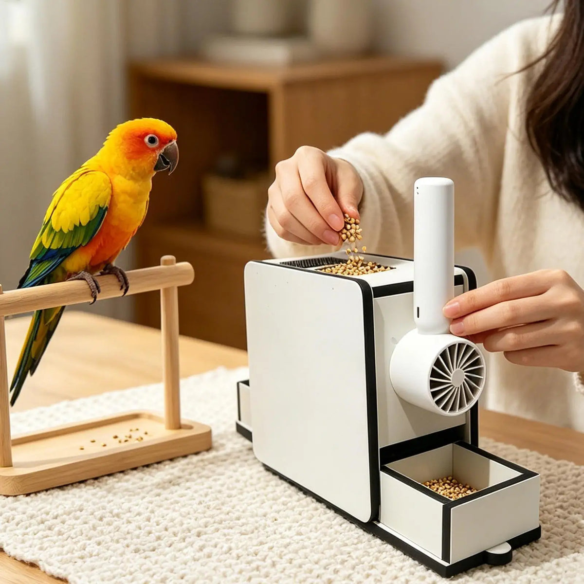 Bird Shelling Machine Wooden Rechargeable Bird Feed Shell Blower for Macaws Parrot Sparrow Parakeet Budgies Conures Cockatiels Vue