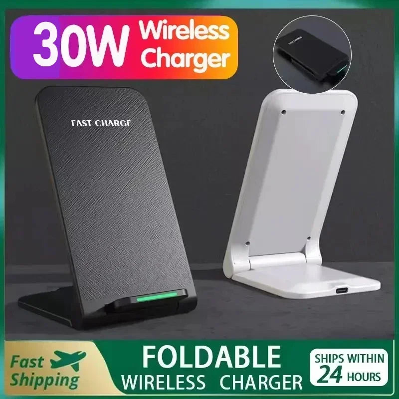 Foldable 30W Wireless Charger Stand Pad For iPhone 16 15 14 13 12 Pro X XS 8 Samsung Xiaomi Induction Fast Charging Dock Station Vue