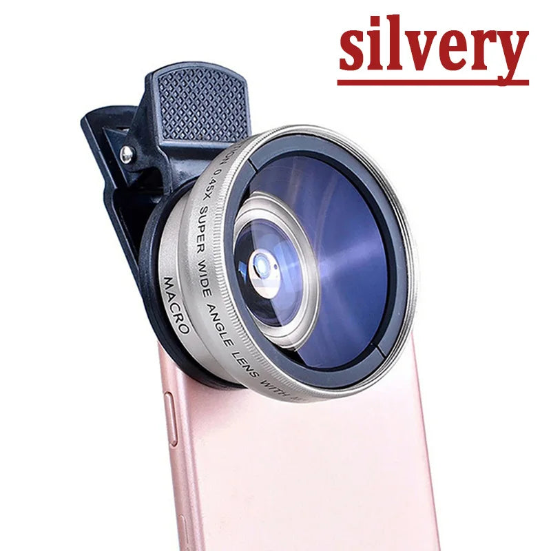 2 IN 1 Lens Universal Clip 37mm Mobile Phone Lens Professional 0.45X 49uv Super Wide-Angle + Macro HD Lens For iPhone Android Vue SILVER