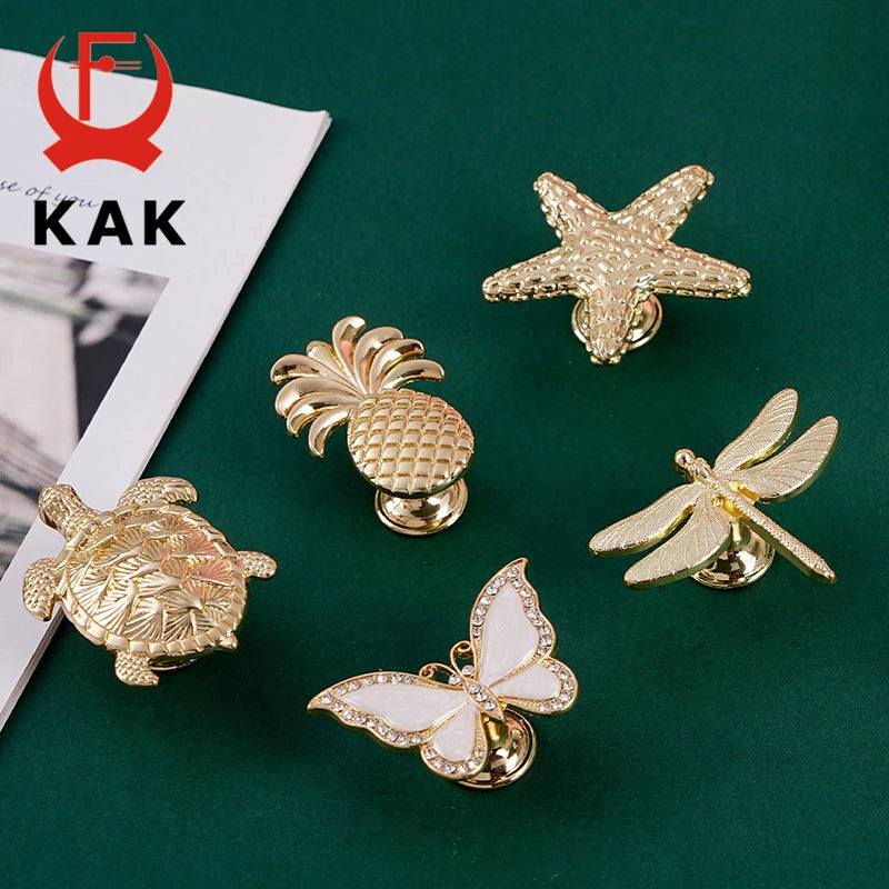 KAK Plant Animal Shape Furniture Handle Copper Color Drawer Knobs Retro Dresser Knobs Gold Kitchen Handles Door Pulls Hardware Vue