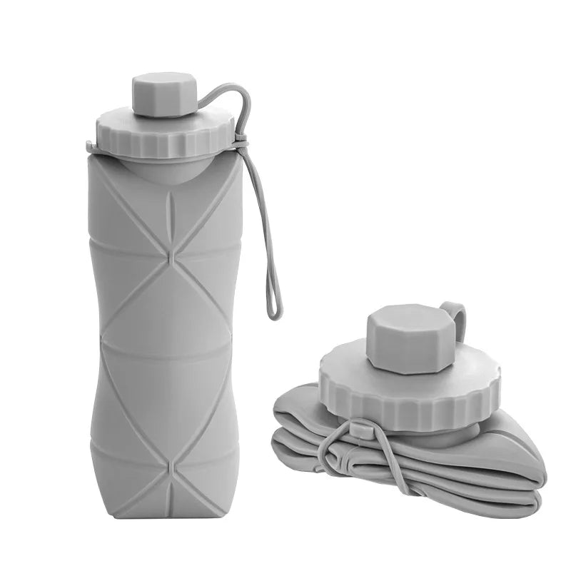 600ml Silicone Folding Bottle Adult Portable Reusable Plastic Cups Outdoor Travel Gym Water Bottle Motivational Drinking Bottle Vue grey 600ml