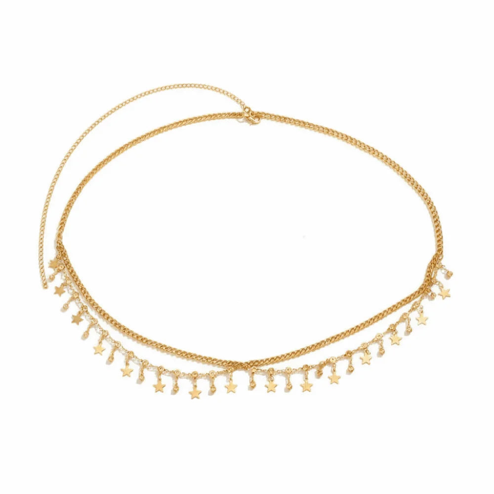 Star Glitter Tassel Boho Waist Chain Shiny Rhinestone Beach Body Vue Gold