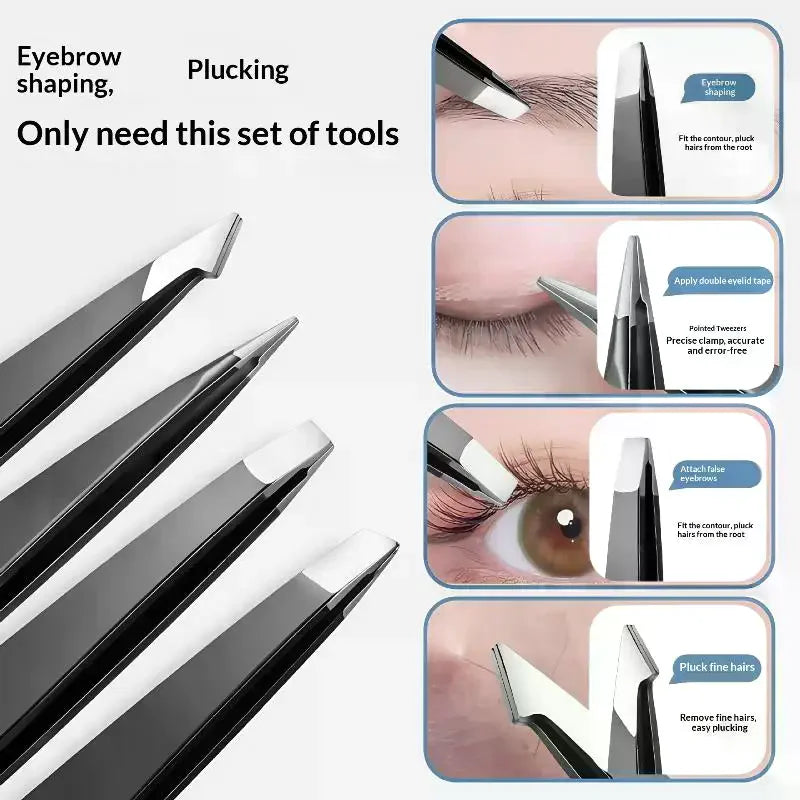 Colorful Stainless Steel 4 Pcs Tweezer Set For Women And Men's Eyebrows & Eyelashes Comes With Storage Bag Vue