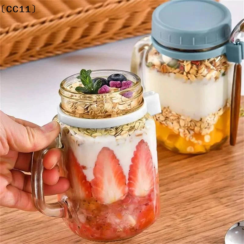 Overnight Oats Containers Handle Lid Spoon Glass Oatmeal Jars Cereal