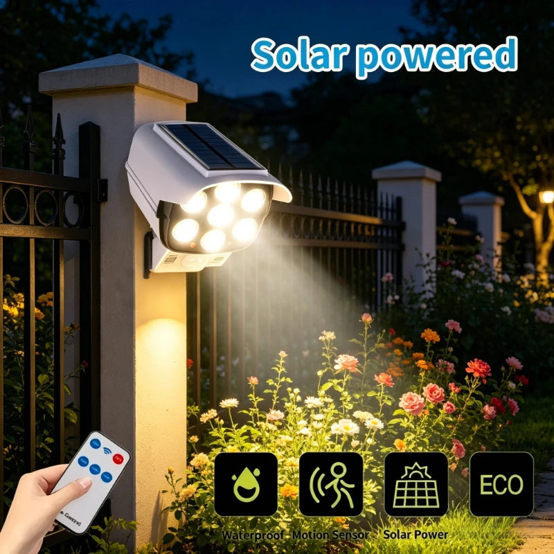 Outdoor Solar Lights with Motion Sensor Remote Controller FloodLights Wireless 77LED Fake Security Camera for Garden Decoration Vue