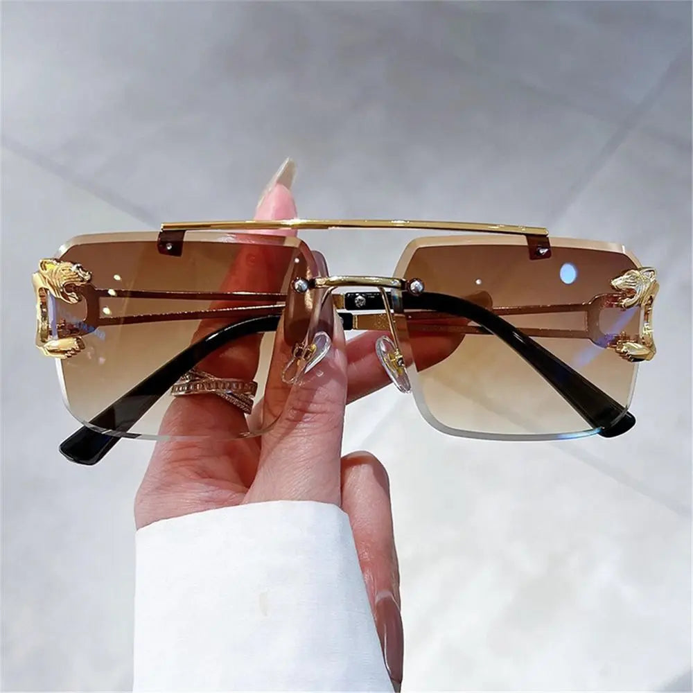 Retro Double Bridge Rimless Sunglasses Metal UV400 Cheetah Decor Sun