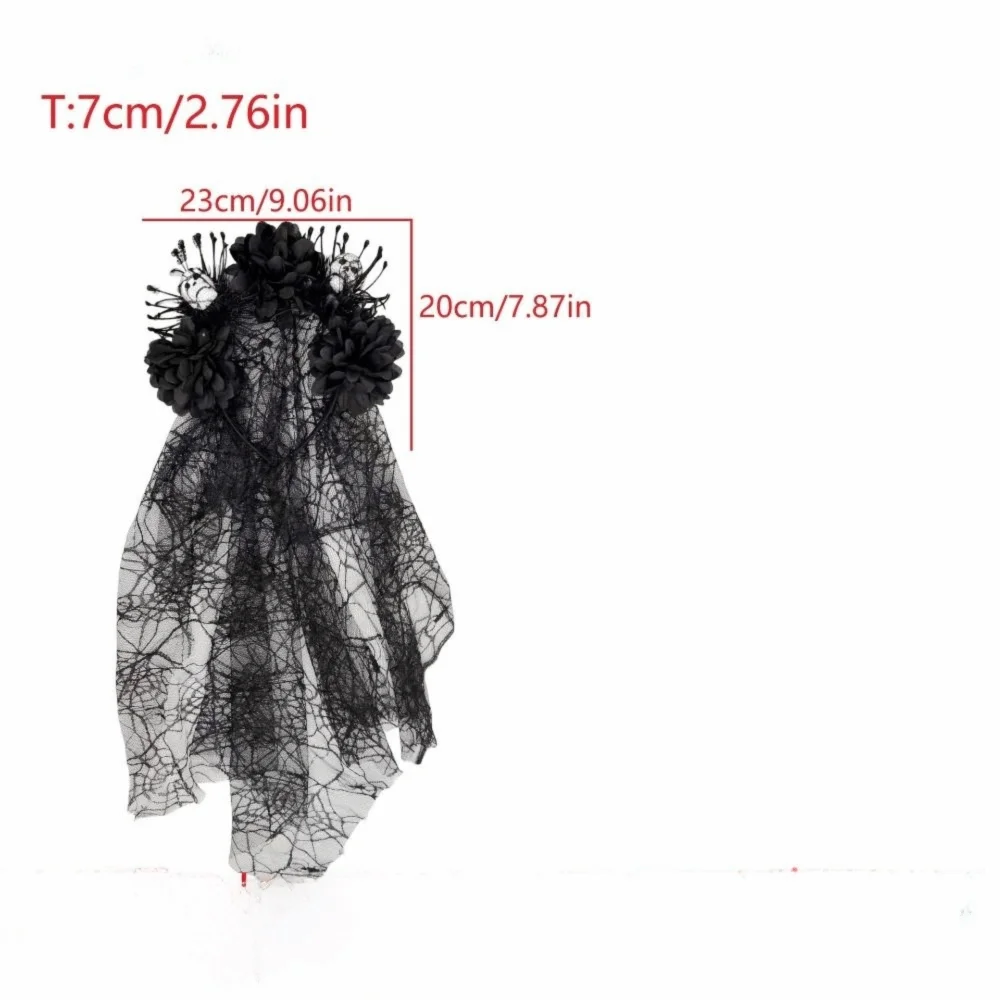 Lace Veil Skull Headband Dark Purple Sheer Mesh Ghost Bride Headwear Skull Shaped Artificial Flowers Floral Veil Headband Vue