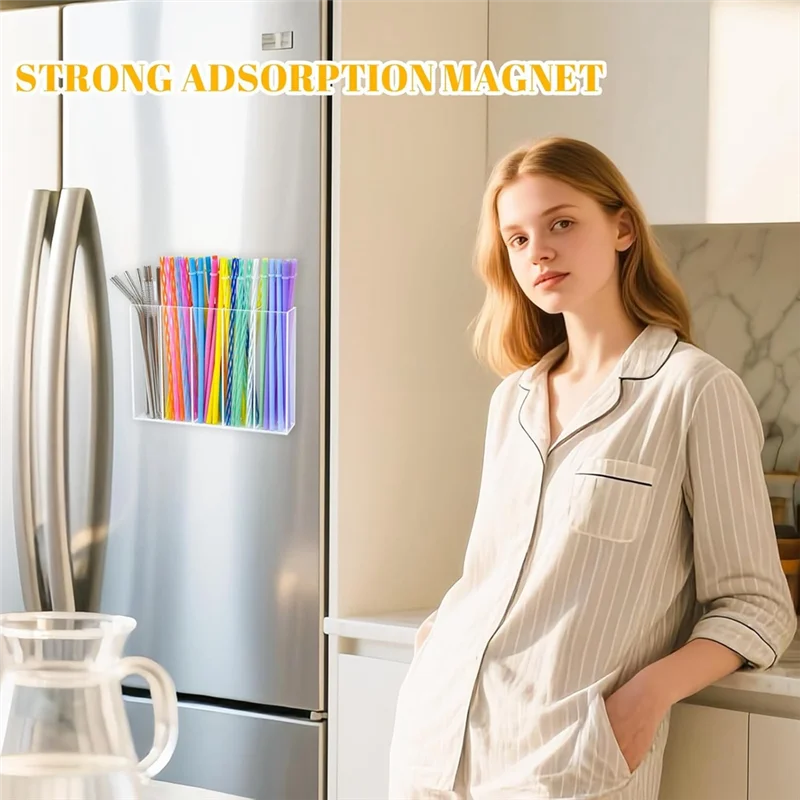 ABKW-Acrylic Straw Holder For Cabinet- Straws Storage Container With Double Sided Adhesive, Dispenser For Cupboard Vue