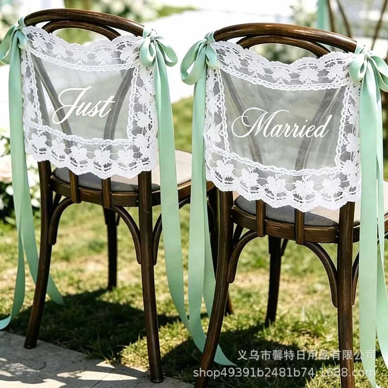 Lace Chair Back Sign Bride Groom Wedding Seat Cover Sash Ties Ivory Bridal Reception Decor Ceremony Party Aisle Vue A6