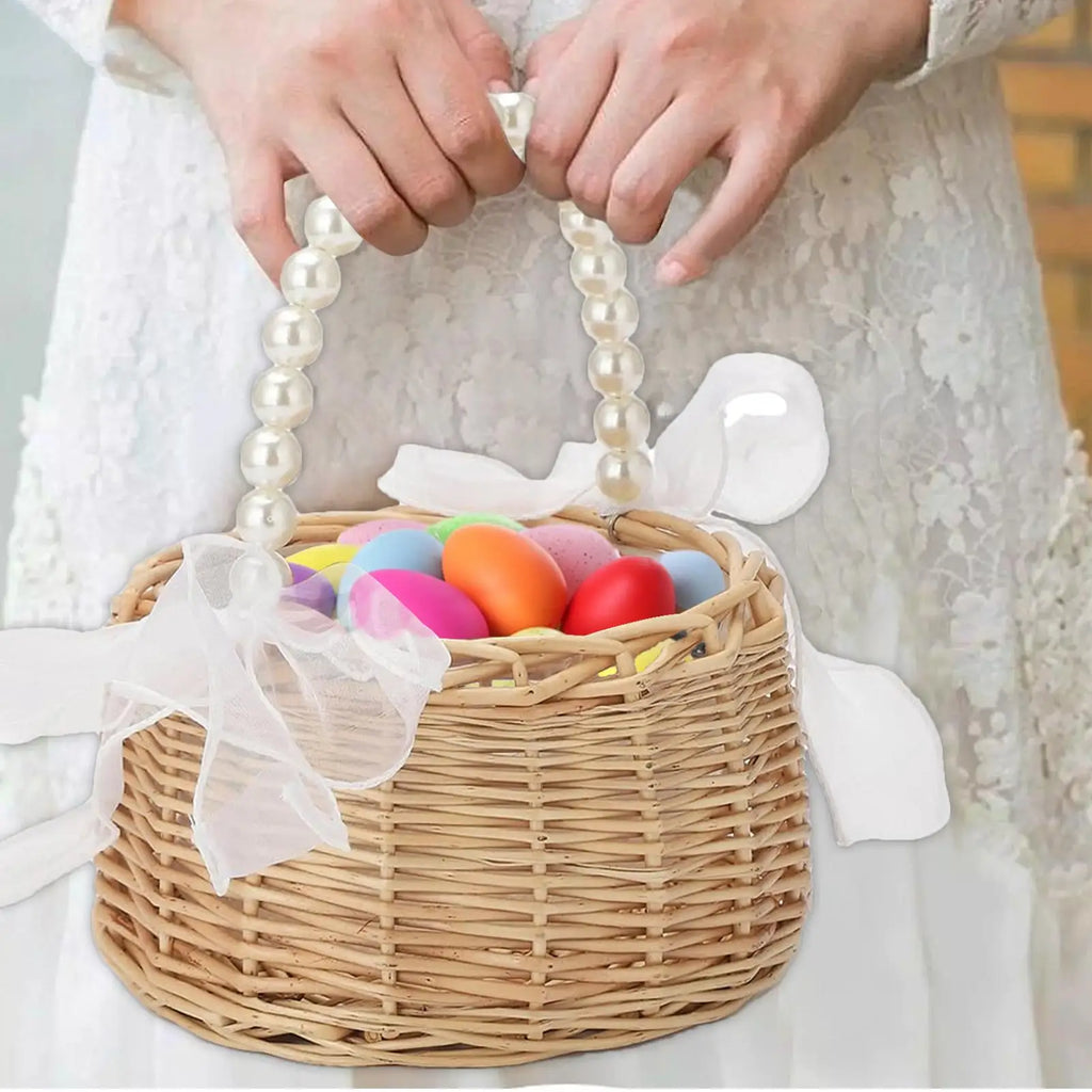 M/LHandwoven Pearl Flower Girl Basket Pearl Handle Bow Ribbon Wedding Petal Basket Easter Rattan Basket Romantic Wedding Decor Vue