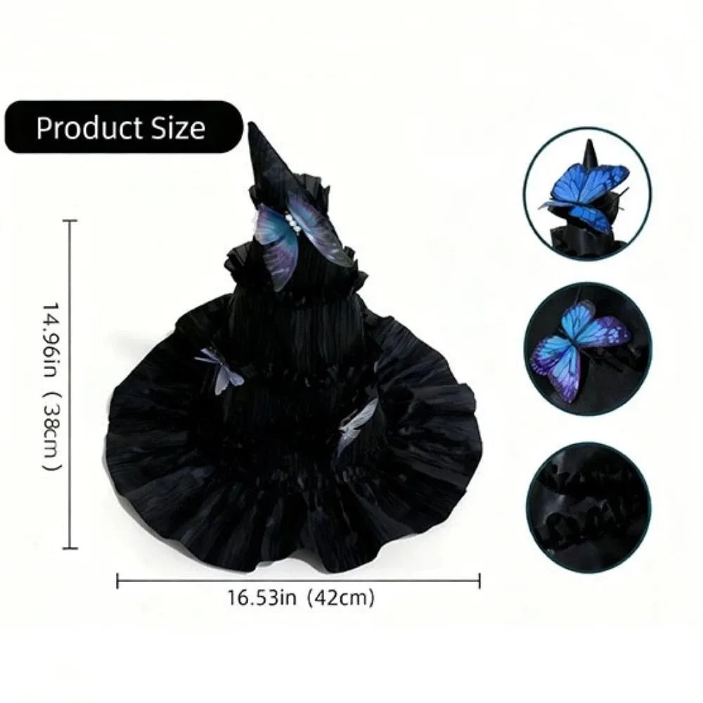 Gothic Halloween Hat Tall Pointed Cone Top Butterfly Hair Clips Women's Wizard Cap Removable Bendable Ruched Masquerade Cap Vue