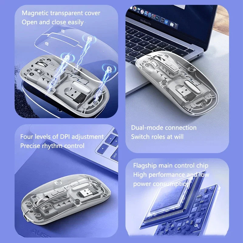 Transparent Wireless Mouse Dual Mode 2.4G Bluetooth-compatible Rechargeable Mouse Noiseless Cordless Computer Mice Vue