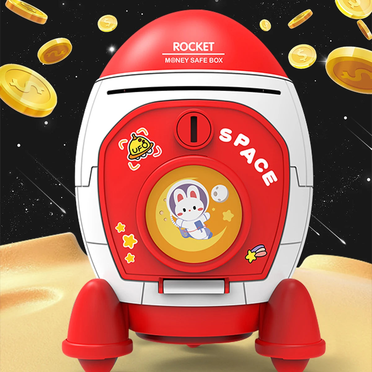 Piggy Bank Toys, Rocket Spacecraft Large Capacity Key Unlocking Puzzle Toy 3 Color could be Chosen, Gifts for 3+ Boys and Girls Vue Red