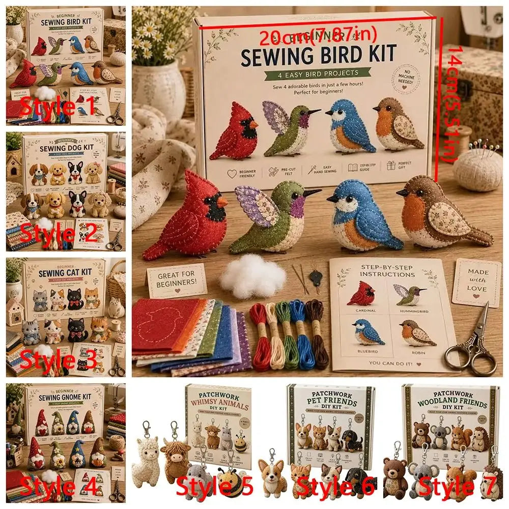 Pre-cut Fabric 3D Felt Sewing DIY Kit Cartoon Bird Animal Charm DIY Sewing Art Craft Set Unique Cat Dog Gnome Vue