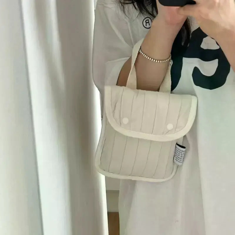 Minimalist Quilted Nylon Mini Bag Portable Small Handbag With Handle Snap Button Closure Casual Pouch For Daily Commute Travel Vue