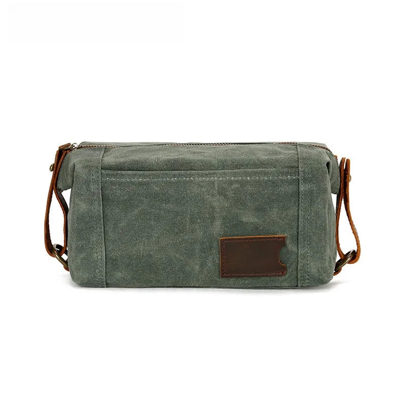Men's Travel Clutch Bag Oil Wax Canvas Wash Bag Retro Clutch Bag First Layer Cowhide Wrist Bag Vue Coral cyan