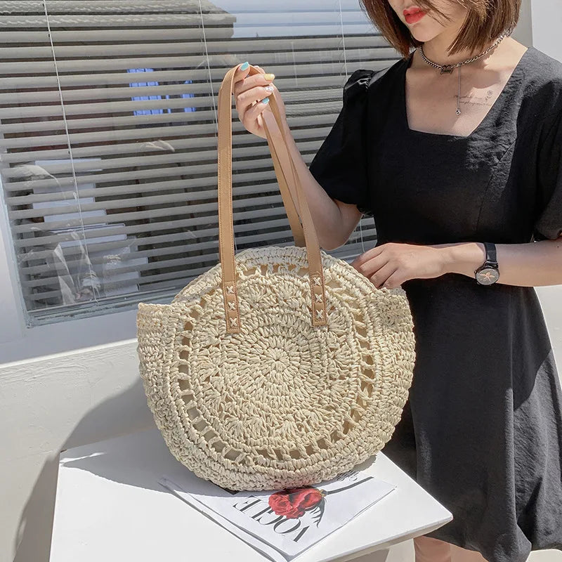 Summer Round Straw Bags for Women Rattan Shoulder Bag Travel Handmade Woven Beach Handbags Female Large Capacity Totes Bag Vue