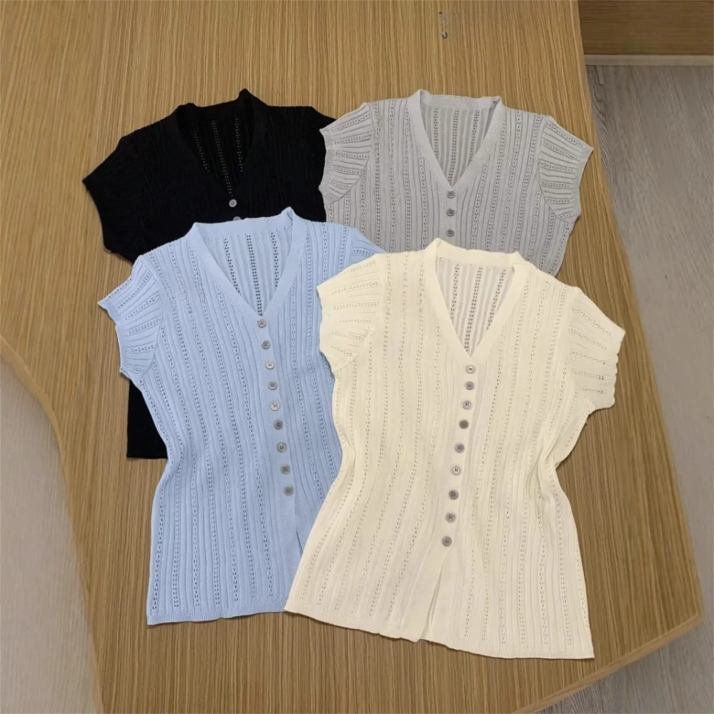 Fashion Solid Ice Silk Knitted Cardigan V-neck Hollow Short Sleeves Vue
