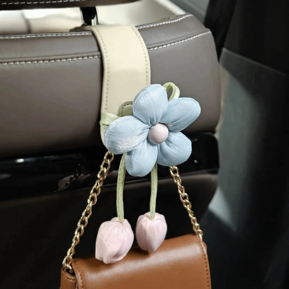 Portable Car Back Seat Hooks Leather Decorative Automotive Storage Hanger Space Saver Cute Tulip Flower Car Hooks Family Car Vue