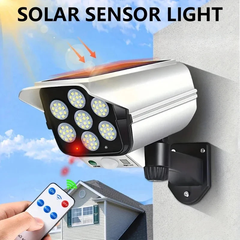 Outdoor Solar Lights with Motion Sensor Remote Controller FloodLights Wireless 77LED Fake Security Camera for Garden Decoration Vue