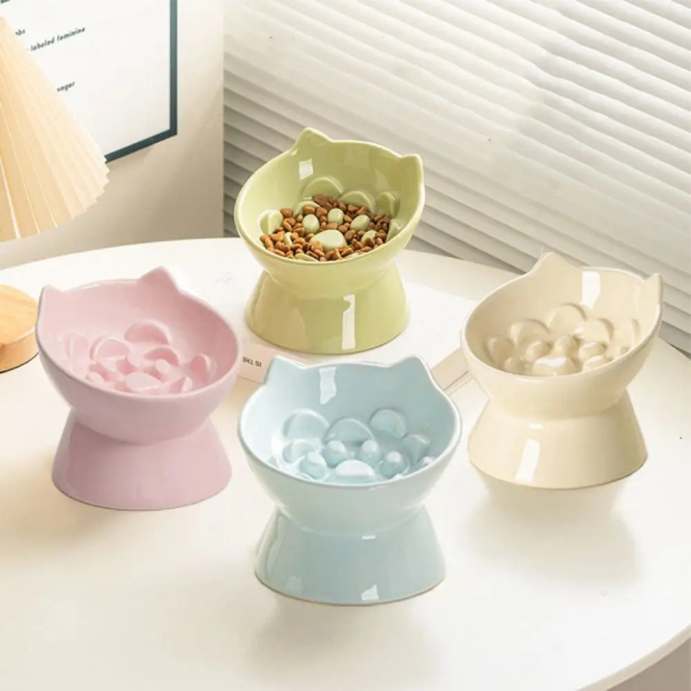 Ceramic Cat Slow Food Bowl Cute Slanted Mouth Dog Feeding Basin Creative Large Capacity Pet High Foot Bowl Kitten Puppy Vue