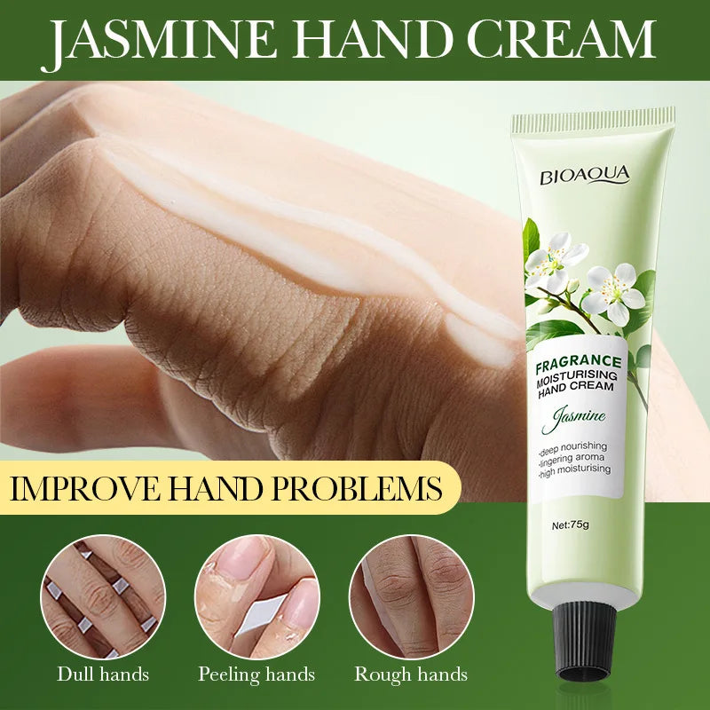 Jasmine Moisturizing Hand Cream, with a Gentle Touch, the Scent of Jasmine Fills the Air, Deeply Moisturizes and Nourishes, Repairs Dry and Rough Skin, Leaving Hands Soft and White. Vue