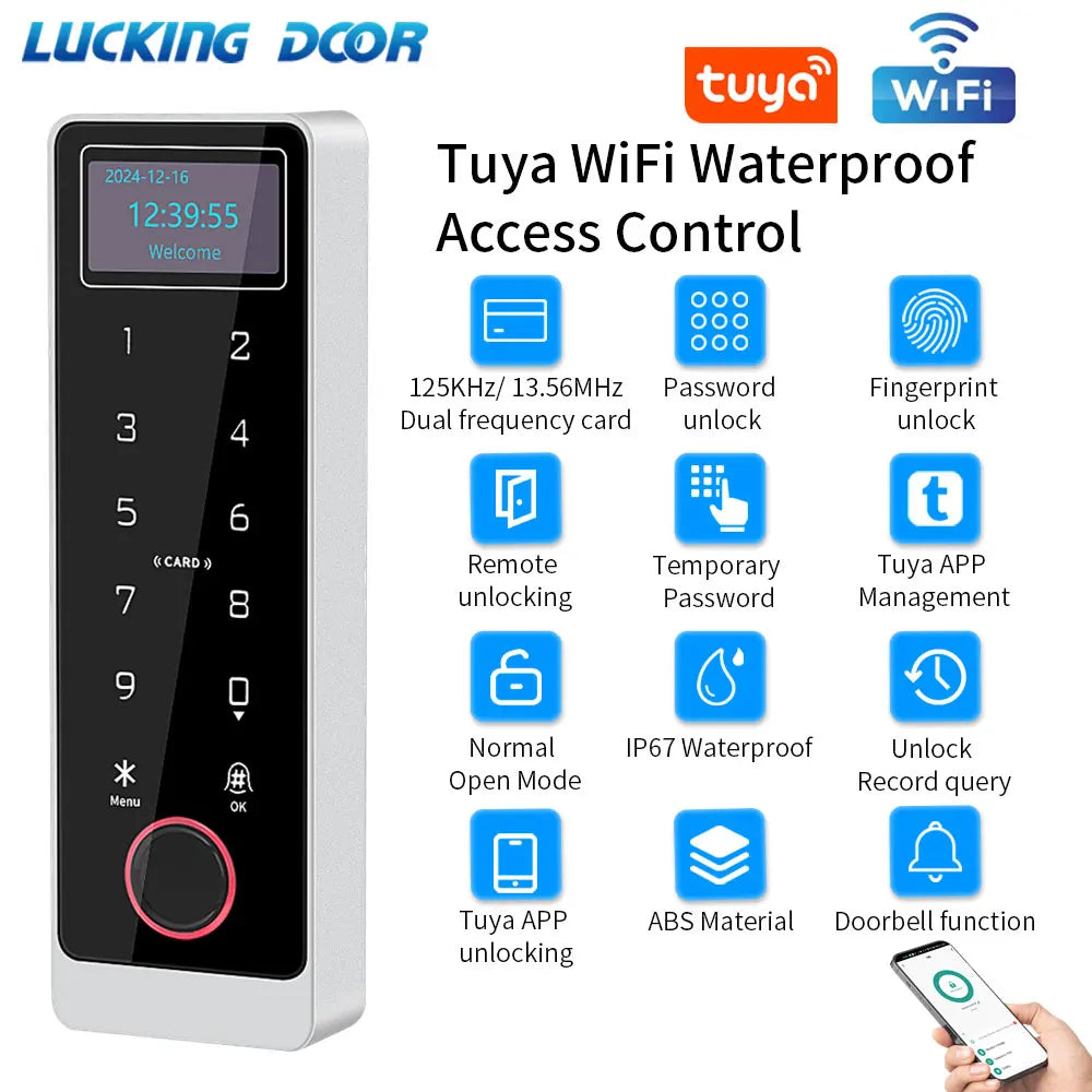 Waterproof WIFI Tuya App Control Fingerprint Reader With LED LCD Screen Stand-Alone Door Keypad Metal RFID Access Control System Vue