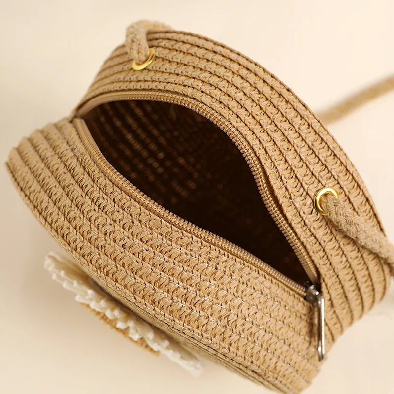 Minimalist Straw Bag Round Crossbody Purse Women Shoulder Vacation