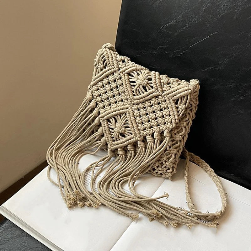 Women Crochet Shoulder Bag Tassel Handwoven Crossbody Solid Bohemian