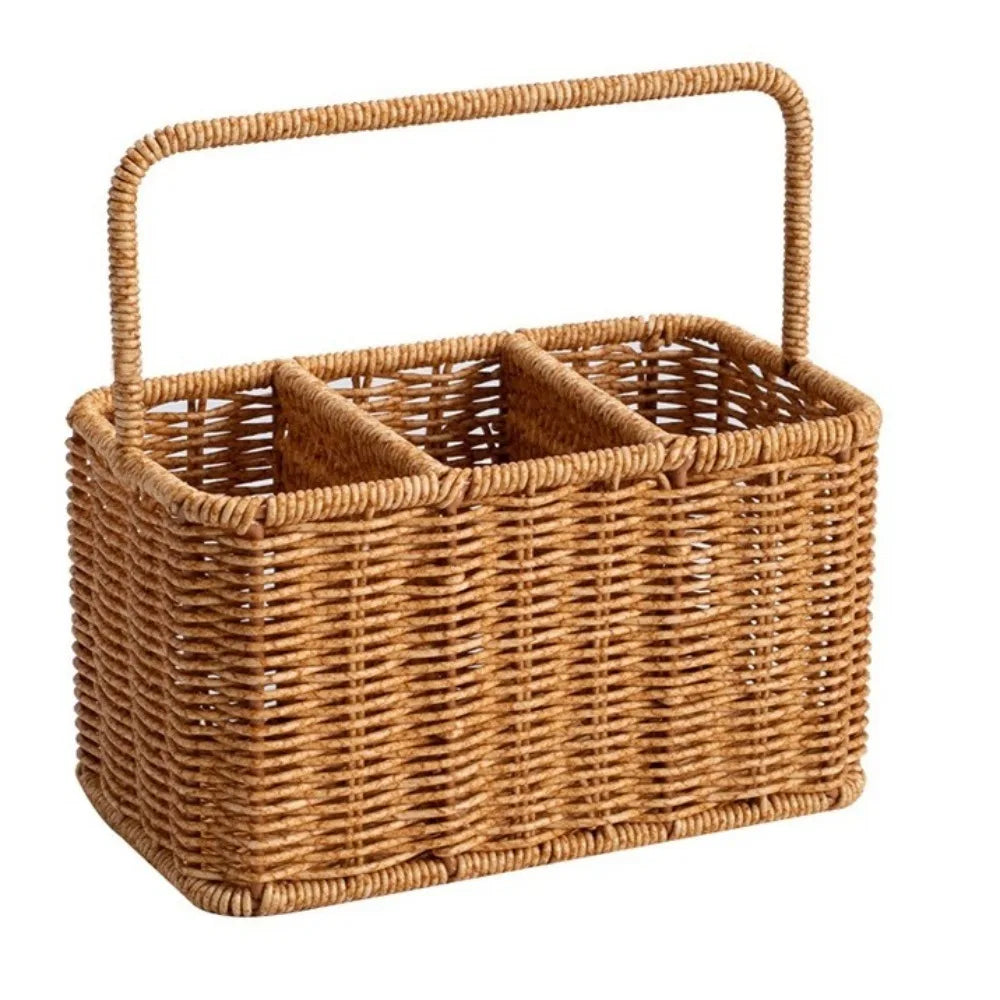 Large Capacity Utensil Storage Basket Portable with Handle Silverware Holder Rustic Divided Storage Basket Outdoor Camping Vue Brown