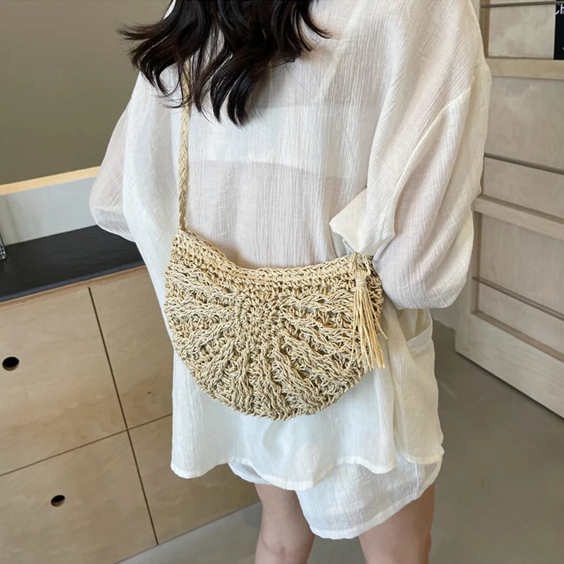 Half Round Straw Bag Women Summer Beach Rattan Shoulder Zipper Woven