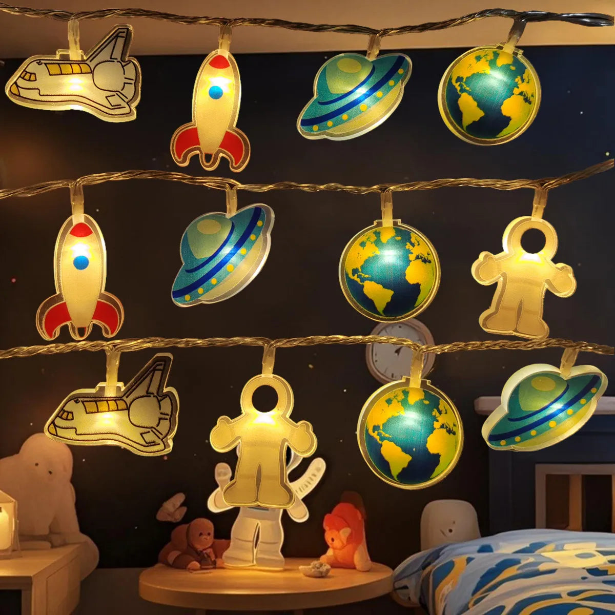 Cartoon Space Themed LED Decorative String Lights, Astronaut Rocket Shape Fairy Lights for Nursery Bedroom Birthday Party D Vue Warm White Warm White 3M20LED