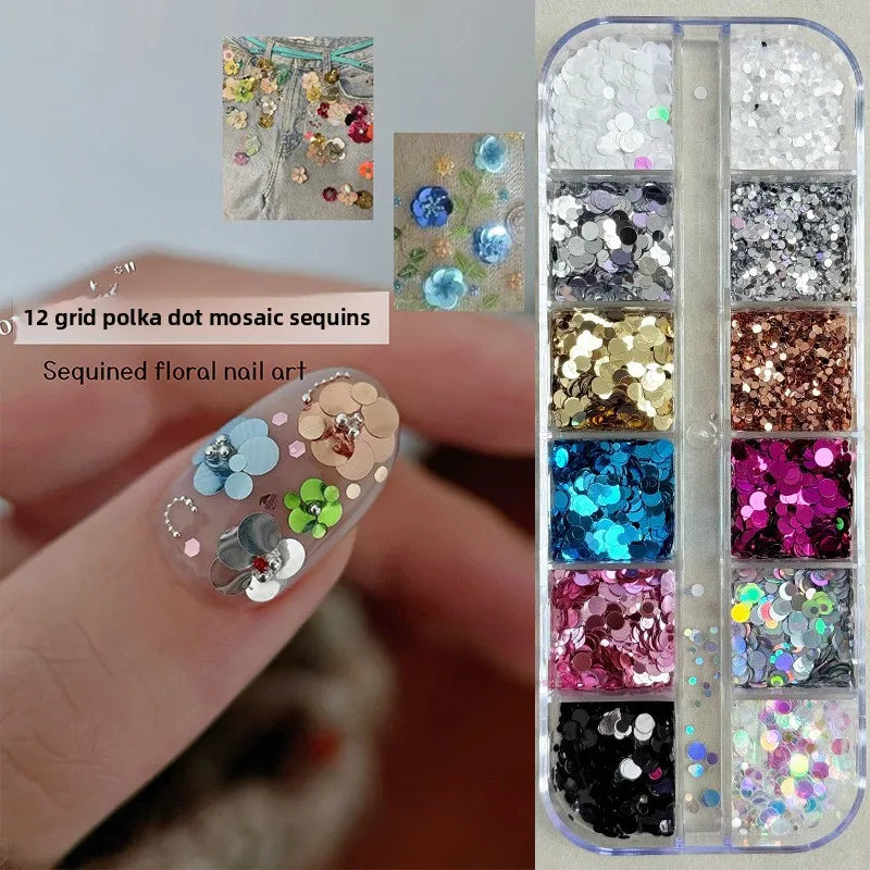 Round Nail Glitter Sparkling Flakes Nail 3D Spliced Flower Polka Dot Nail Art Sequins Charms Manicure Decro 12 Grids Retro 1-3mm Vue Set C