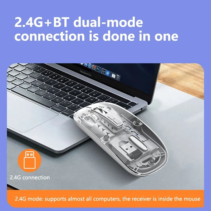 Transparent Wireless Mouse Dual Mode 2.4G Bluetooth-compatible Rechargeable Mouse Noiseless Cordless Computer Mice Vue
