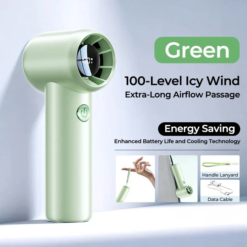 Mini Handheld Fan Portable USB Rechargeable with LED Display Powerful Cooling Breeze Heatstroke Relief for Outdoor Sports Office Vue Green