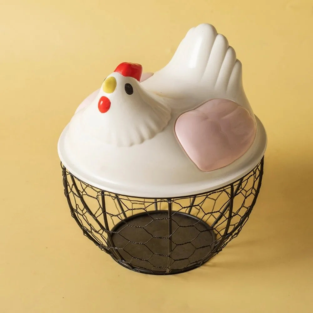 Cute Rustic Hen Shape Egg Basket Storage Farm Style Egg Container with Lid Hollow Iron Basket Kitchen Accessories Vue Style 1