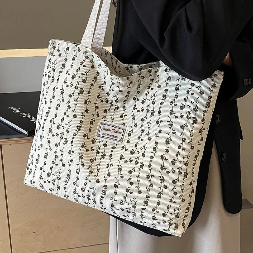 Portable Floral Canvas Tote Bag Reusable Large Capacity Commute