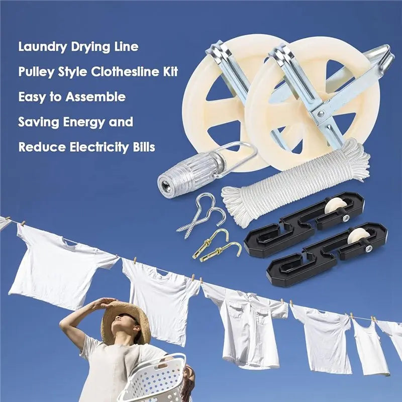 ABKW-Clothesline Kit, Nylon Clothesline Pulley Kit, 150Ft Outdoor Heavy Duty Polyester Clothes Line Rope Vue