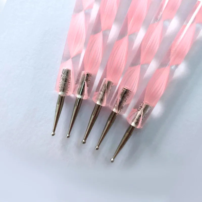 5Pcs 2 Way Nail Art Acrylic Silicone Point Flower Nail Pen Stainless Steel Dotting Tools Marbleizing Painting Pens Vue