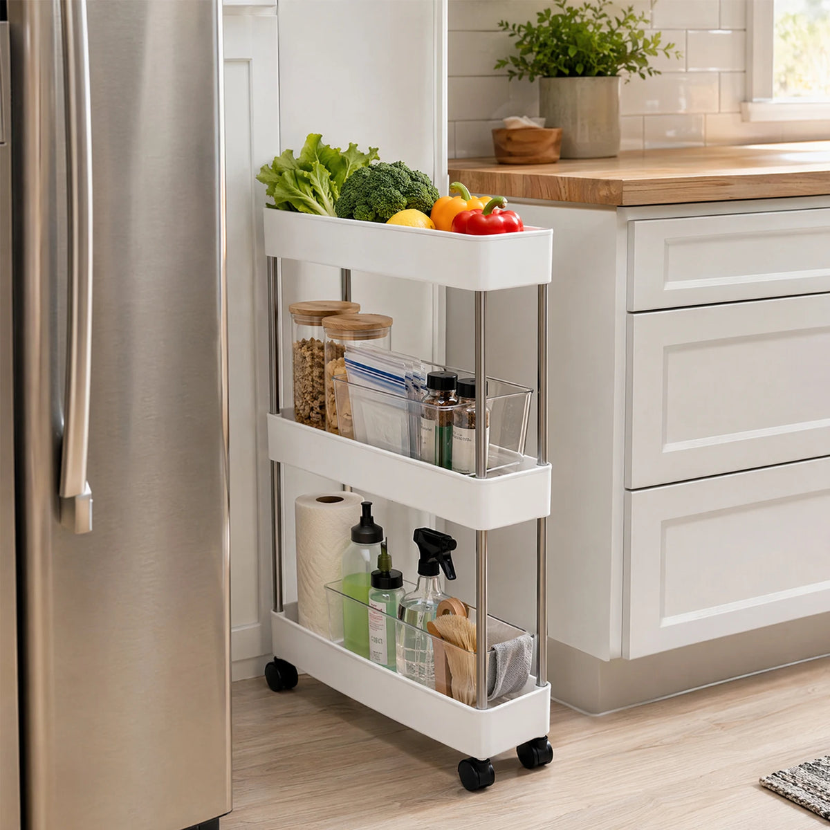 3-Tier Slim Rolling Shelving Unit for Kitchen & Bathroom Rolling Shelving Unit Vue China Mainland